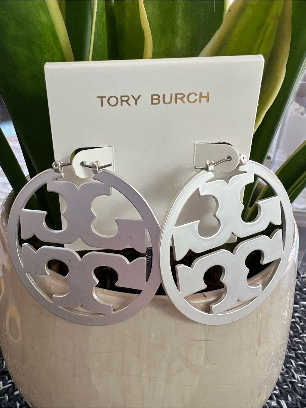 Tory Burch Silver Double-T Cutout Round Hoop Earrings